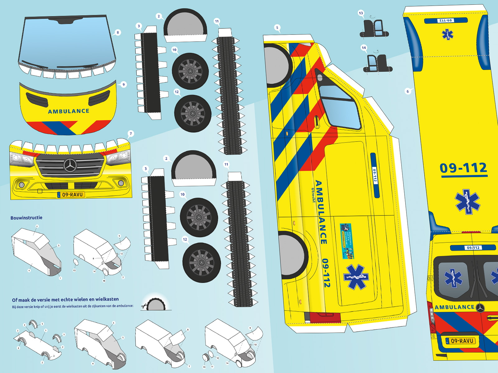 Unfolded paper model of the RAVU ambulance with parts and instructions