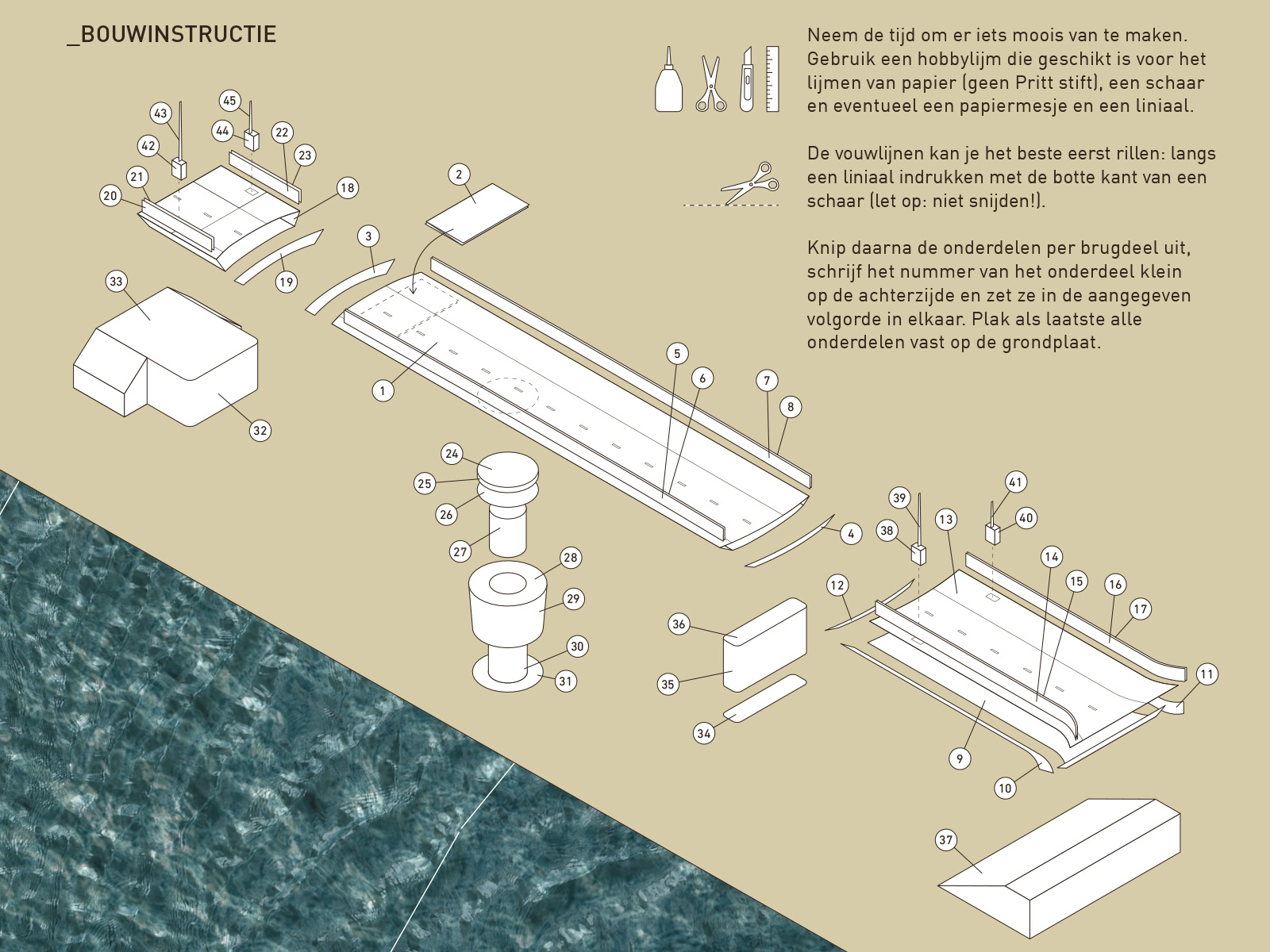 De bouwinstructie van papieren schaalmodel draaibrug over Noordhollandsch Kanaal