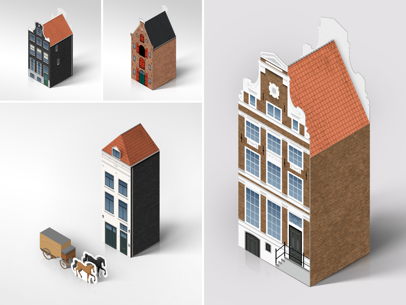 Complete set papieren bouwplaten Amsterdamse grachtenhuisjes