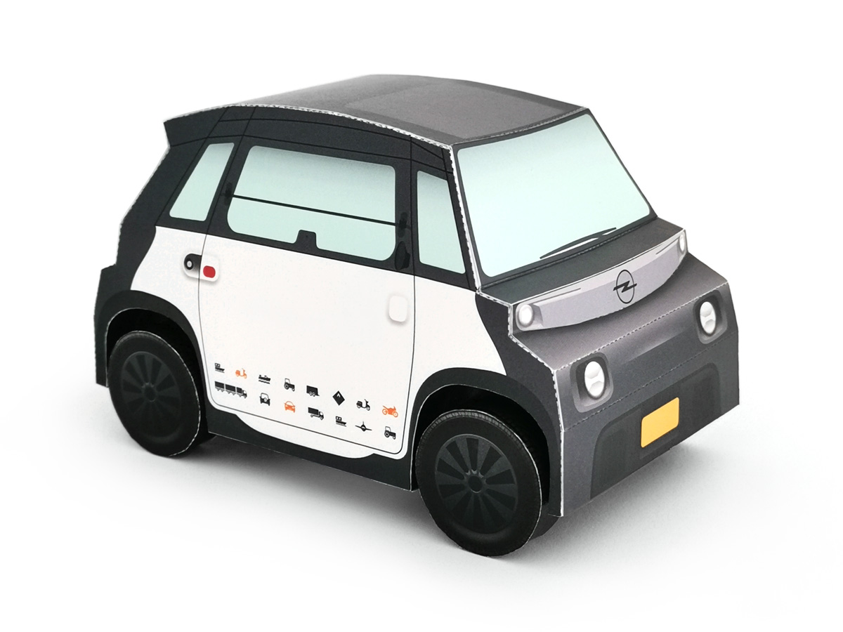 Paper scale model of the Opel Rocks-e unfolded 39 by 26 cm