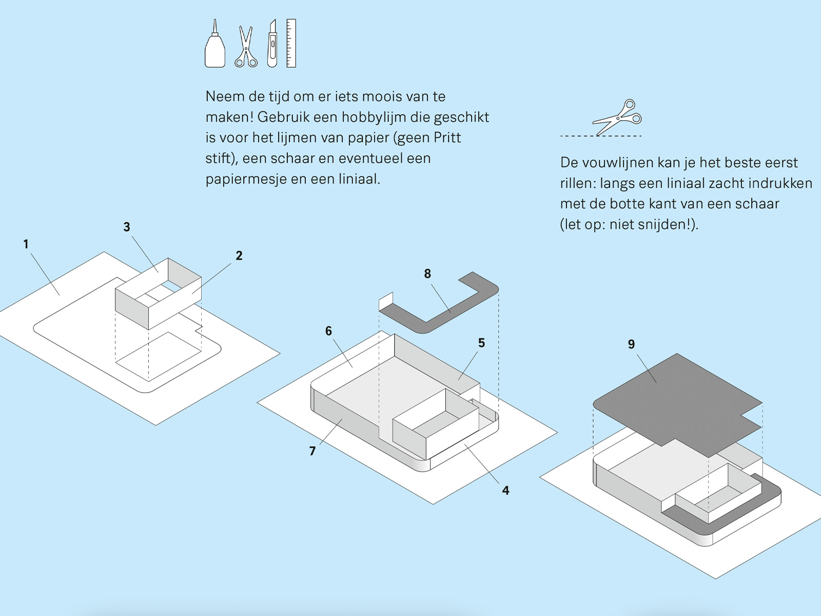 Bouwinstructie van de papieren school, met genummerde onderdelen