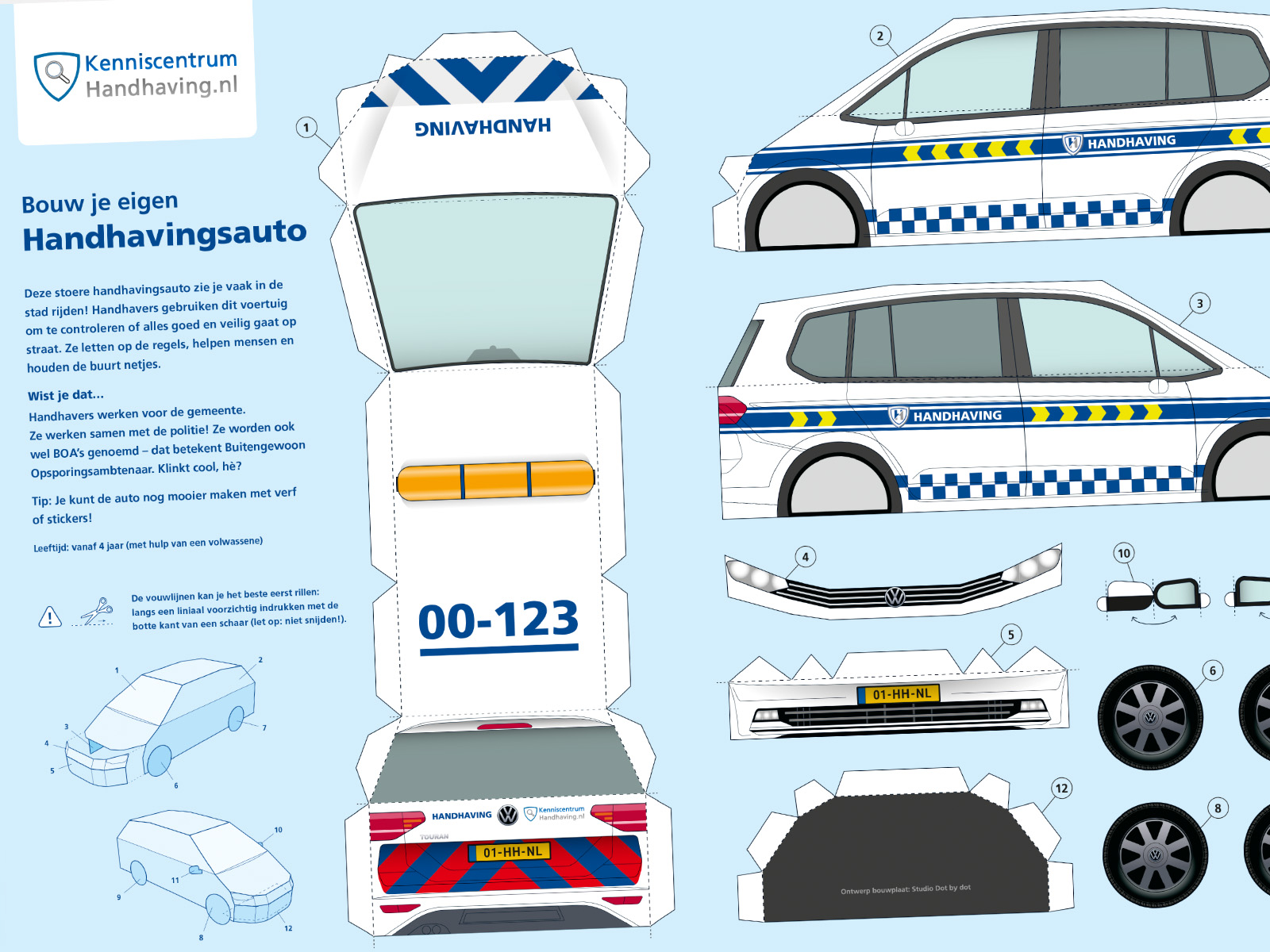 A3 sheet of the enforcement car paper model, unfolded with building instructions