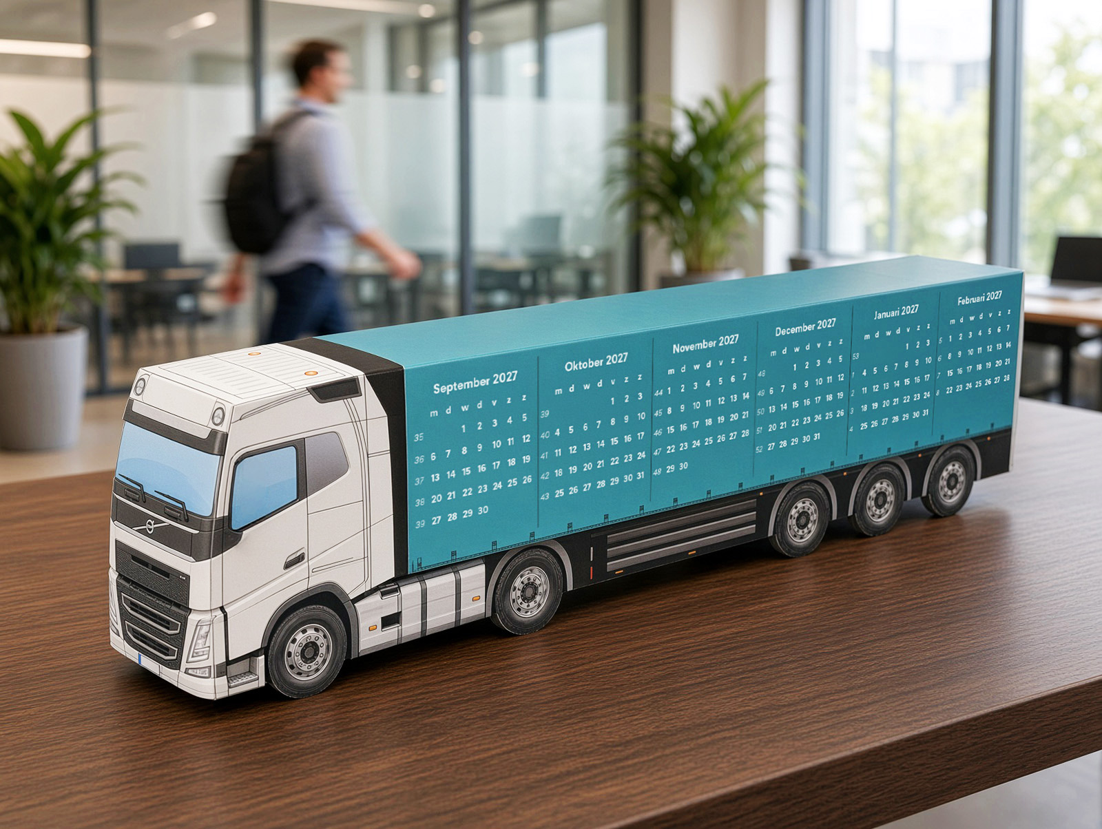 26 cm paper truck with a calendar on the trailer, used as a corporate gift